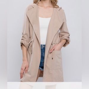 HP⭐️ Trench Jacket Utility Lightweight Hooded Long Line Pockets Drawstring Khaki